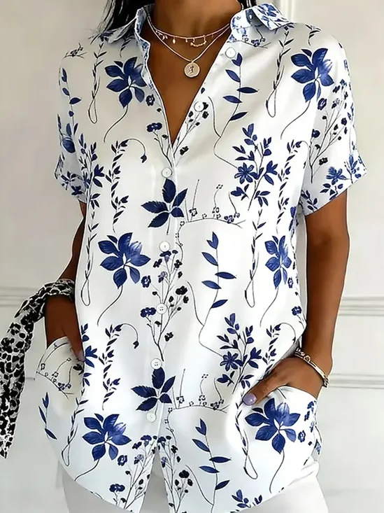 Women's Short Sleeve Shirt Summer Blue Floral Printing Shirt Collar Daily Going Out Casual Top