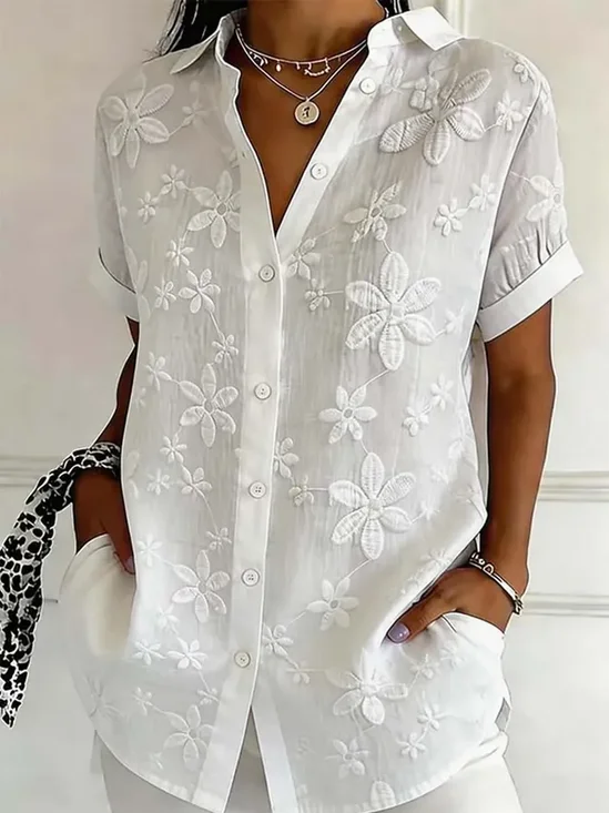 Women's Short Sleeve Shirt Summer White Floral Printing Shirt Collar Daily Going Out Casual Top