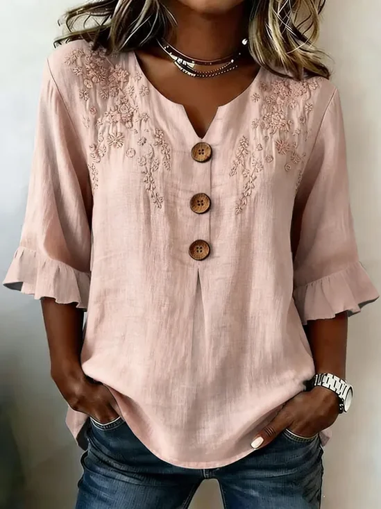 Women's Half Sleeve Blouse Summer Pink Floral Printing V Neck Daily Going Out Vintage Top