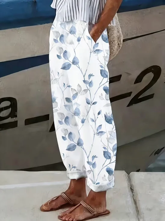 Women's  H-Line Baggy Pants Daily Going Out Pants White Casual Printing Floral Spring/Fall Pants
