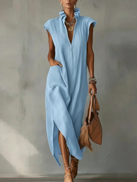 Casual Plain V Neck Midi Dress