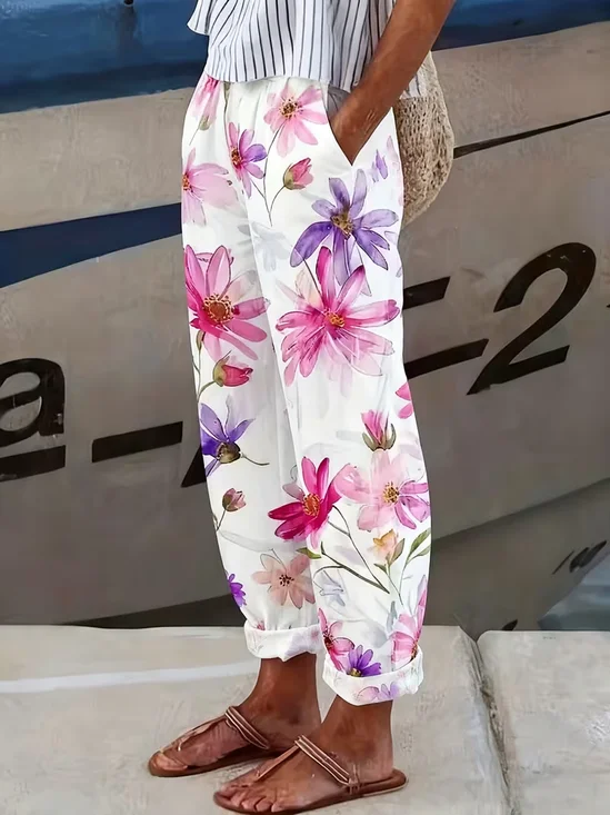 Women's  H-Line Baggy Pants Daily Going Out Pants White Casual Printing Floral Spring/Fall Pants