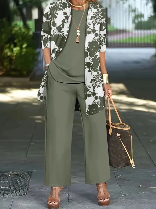 Women's Printing Floral Daily Going Out Matching Outfit Green Casual Spring/Fall Multi-Piece Set Matching Set