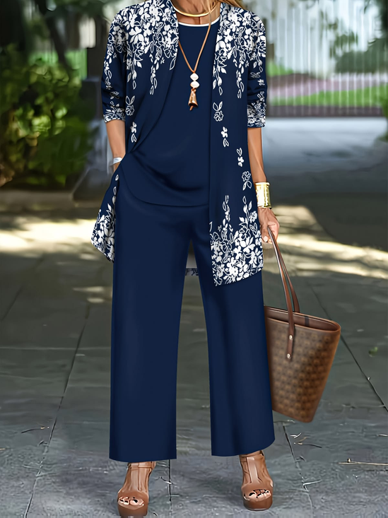 Women's Printing Floral Daily Going Out Matching Outfit Navyblue Casual Spring/Fall Multi-Piece Set Matching Set