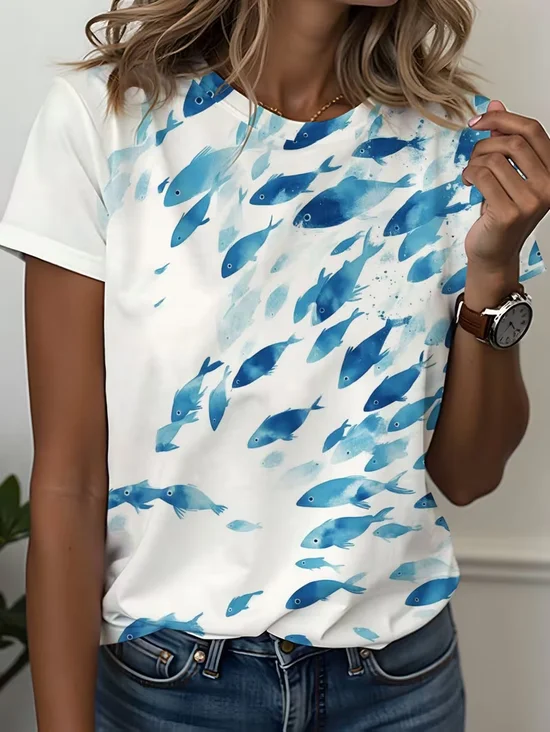 Women's Short Sleeve T-shirt Summer White Fish Printing Jersey Crew Neck Daily Going Out Casual Top