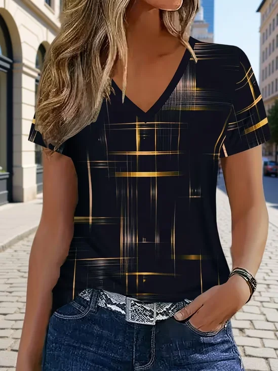 Women's Short Sleeve T-shirt Summer Black Abstract Printing V Neck Holiday Going Out Vintage Top