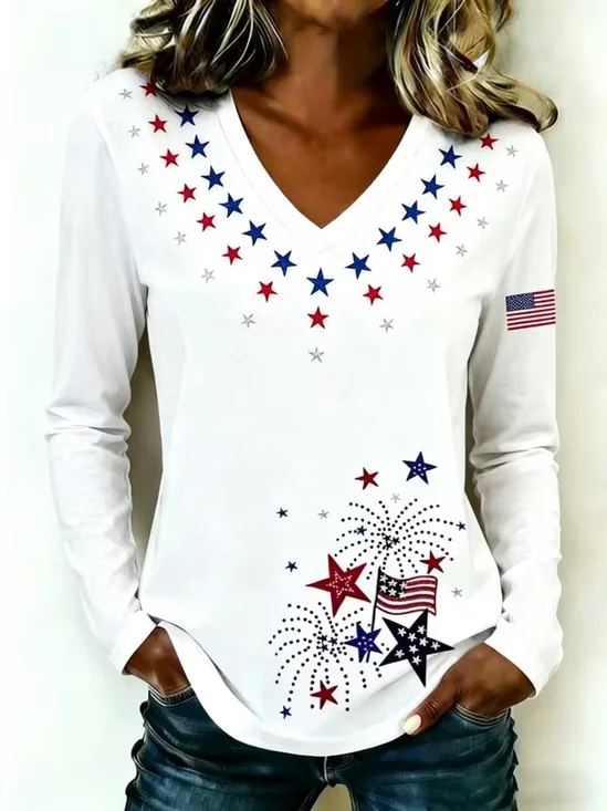 Women's Long Sleeve T-shirt Spring/Fall White Independence Day (Flag) Printing V Neck Holiday Going Out Casual Top