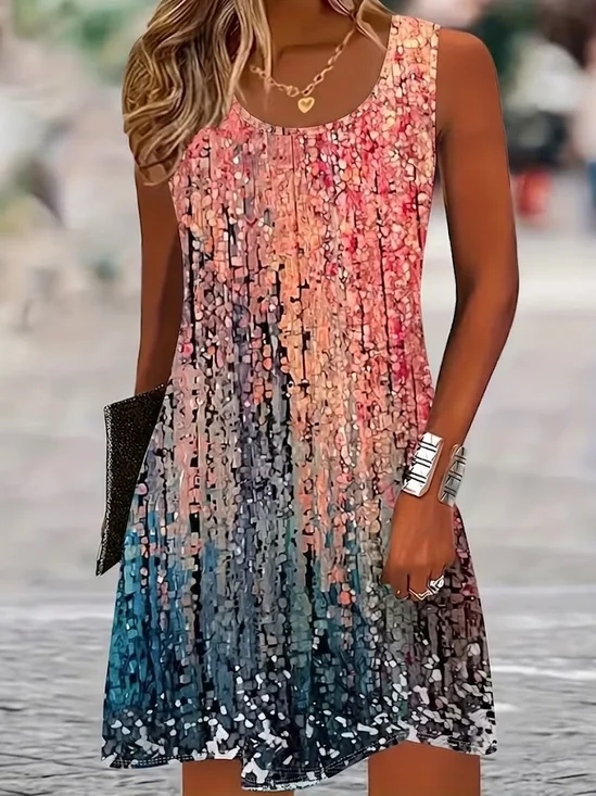 Women's Sleeveless Summer As Picture Abstract Printing Crew Neck Daily Going Out Casual Midi A-Line Tank Dress