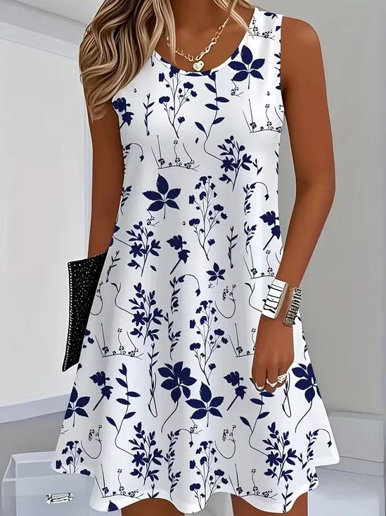 Women's Sleeveless Summer White Floral Printing Crew Neck Daily Going Out Casual Midi A-Line Tank Dress