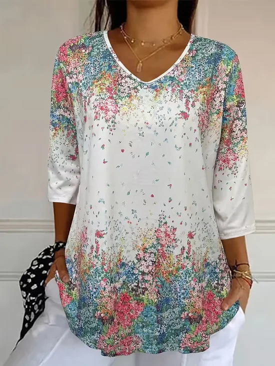 Women's Three Quarter Sleeve T-shirt Spring/Fall White Floral Printing V Neck Daily Going Out Casual Top