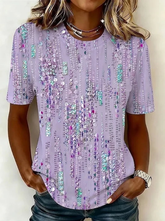 Women's Short Sleeve T-shirt Summer Purple Abstract Printing Jersey Crew Neck Daily Going Out Casual Top