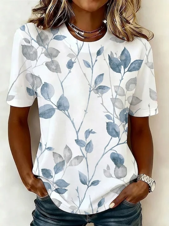 Women's Short Sleeve T-shirt Summer White Floral Printing Jersey Crew Neck Daily Going Out Casual Top