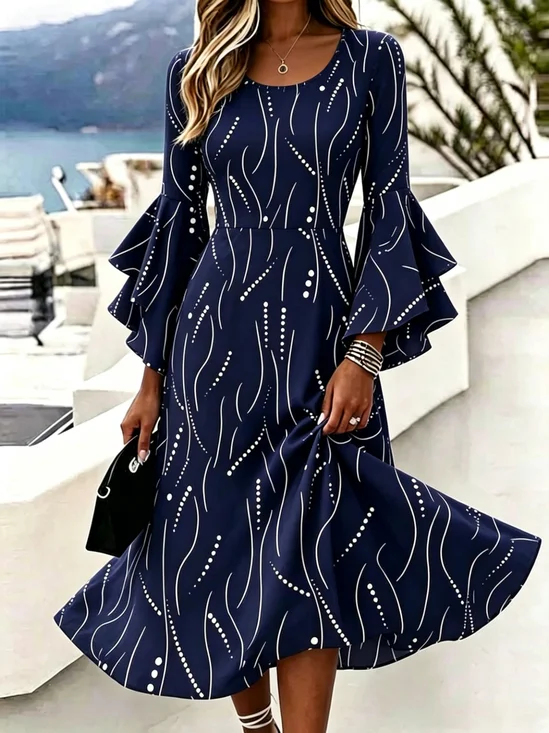 Striped Bell Sleeve V Neck Elegant Dress With No