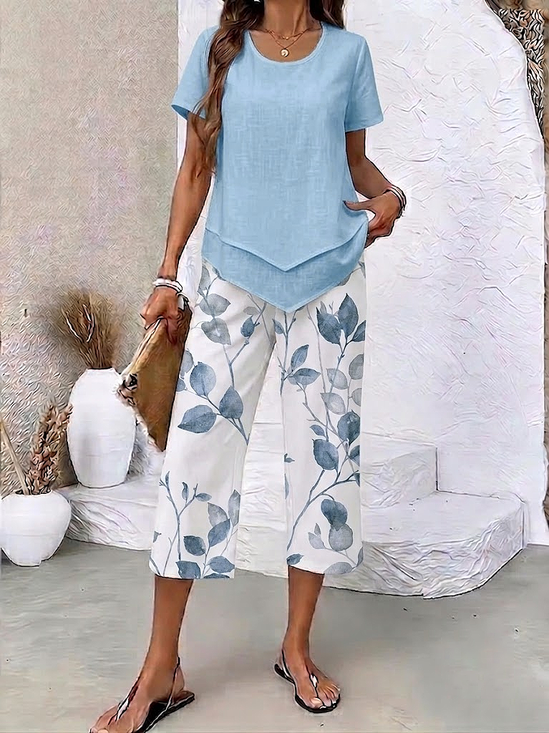 Women's Printing Floral Daily Going Out Two-Piece Set Blue Casual Summer Top With Pants Matching Set