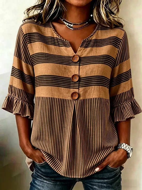 Women's Half Sleeve Blouse Summer Brown Striped Printing V Neck Daily Going Out Vintage Top