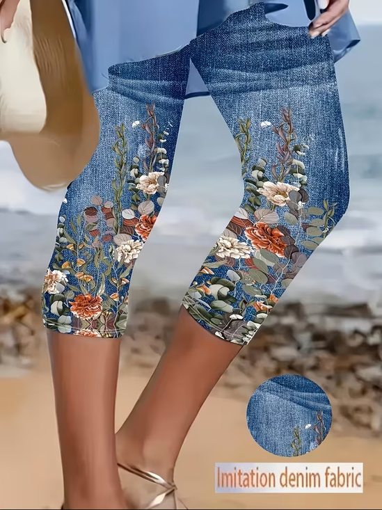 Women's  Elastic Waist H-Line Leggings Daily Going Out Pants Blue Casual Printing Floral Summer Pants