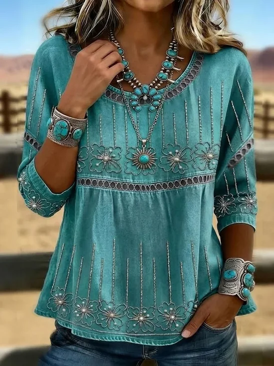 Women's Half Sleeve Blouse Summer Green Floral Printing Crew Neck Daily Going Out Casual Top