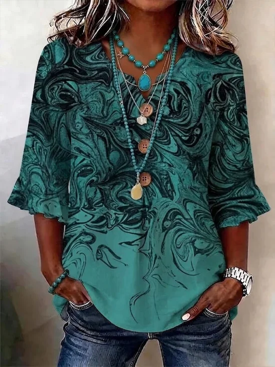 Women's Half Sleeve Blouse Summer Green Abstract Printing V Neck Daily Going Out Vintage Top