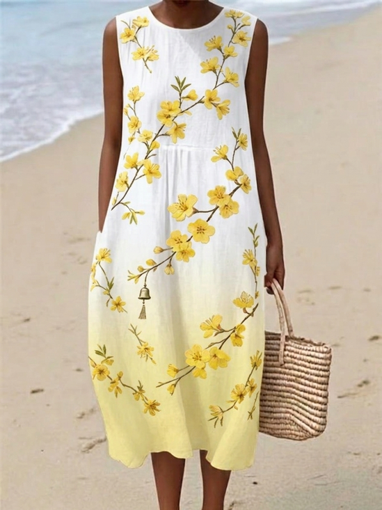 Japanese-style Forsythia And Wind Chime Art Gradient Cotton Linen Dress