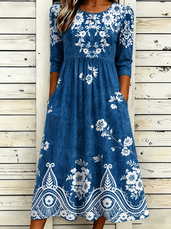Vacation 3D Printing Linen Blend Crew Neck Dress With No