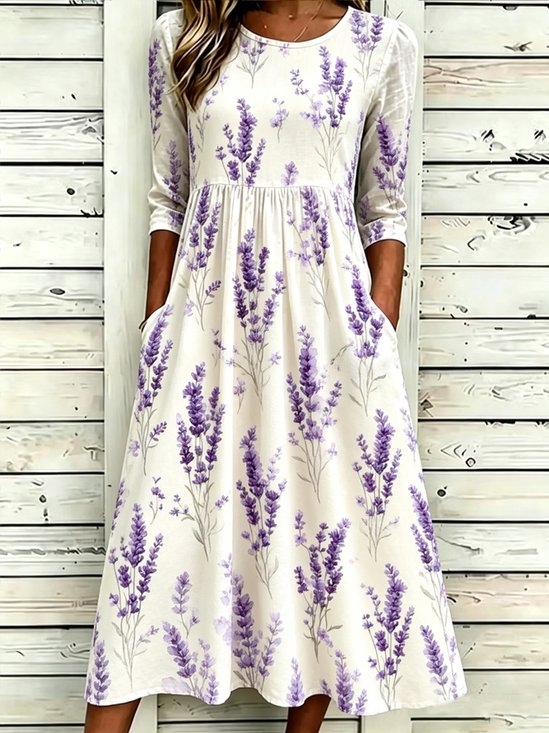Lavender Floral Print Pocket Empire Waist Midi Dress