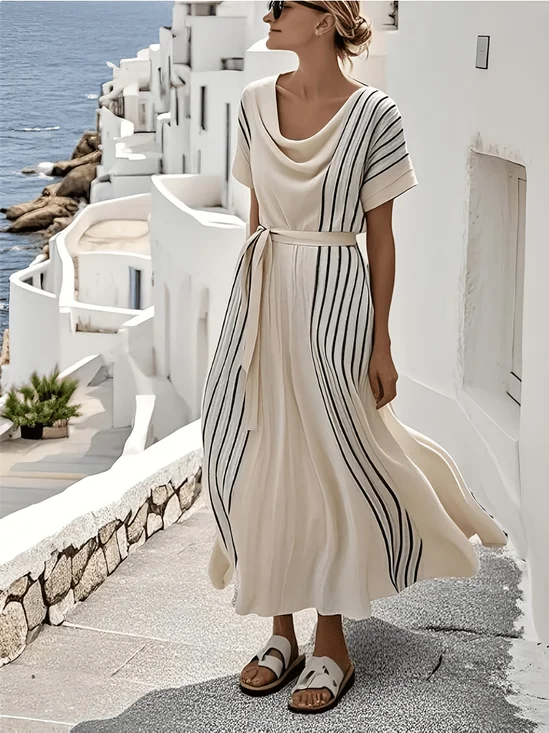 Cowl Neck Linen Blend Loose Vacation Dress With No