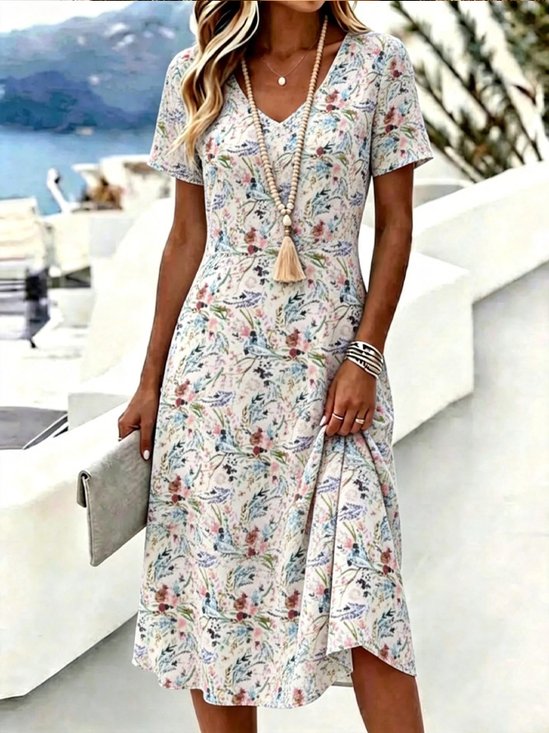 Morandi Tiny Floral V-Neck Short Sleeve Aesthetic Midi Dress
