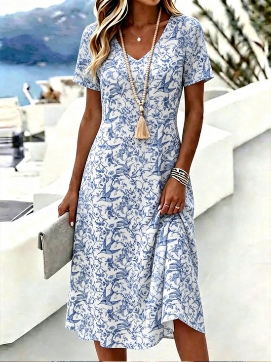 Vintage Bird Floral V-Neck Fitted Asymmetrical Hem Travel Dress