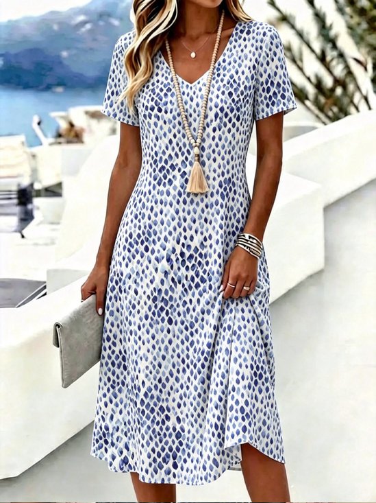 Watercolor Geometric Droplet V-Neck Waisted Vacation Midi Dress