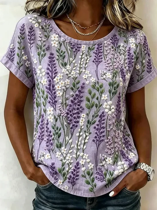 Women's Short Sleeve T-shirt Summer Purple Floral Printing Jersey Crew Neck Daily Going Out Casual Top