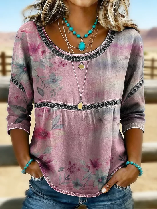 Women's Half Sleeve Blouse Summer Pink Floral Printing Crew Neck Daily Going Out Casual Top