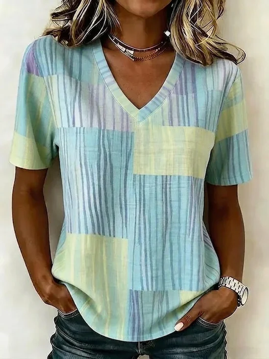 Women's Short Sleeve T-shirt Summer Green Abstract Stripes Printing V Neck Holiday Going Out Vintage Top