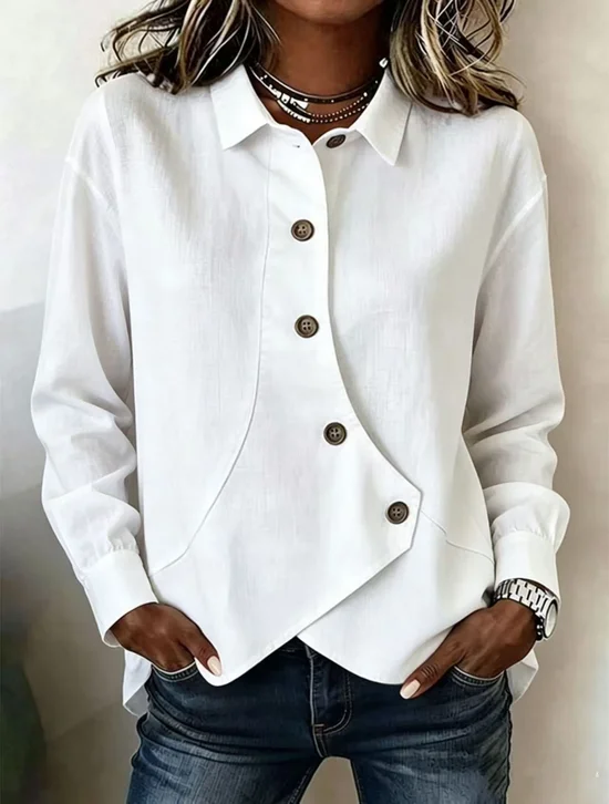 Cotton And Linen Plain Casual Shawl Collar Shirt