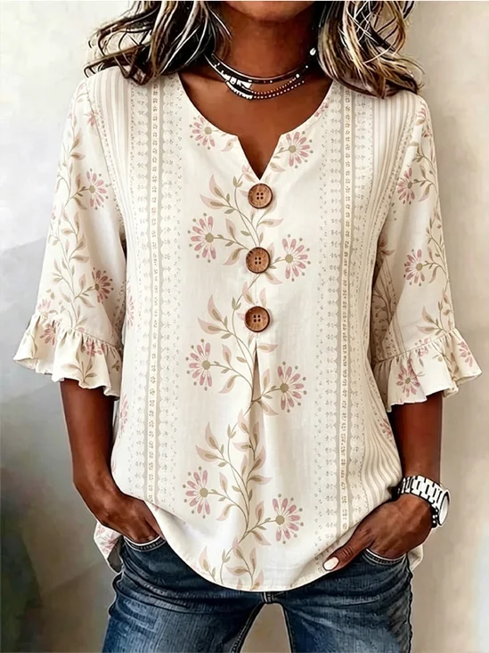 Leaf Print V-Neck Ruffle 3/4 Sleeve Daily Blouse