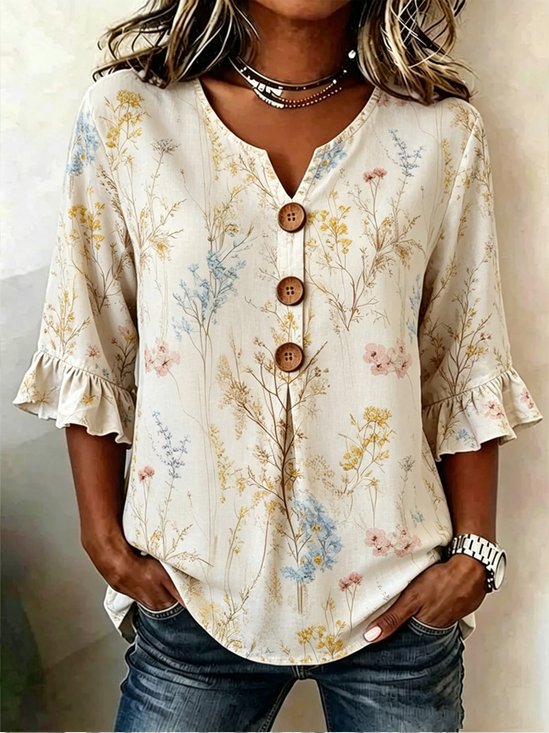 Mixed Wild Botanical Print V-Neck Ruffle Sleeve Vibe Blouse