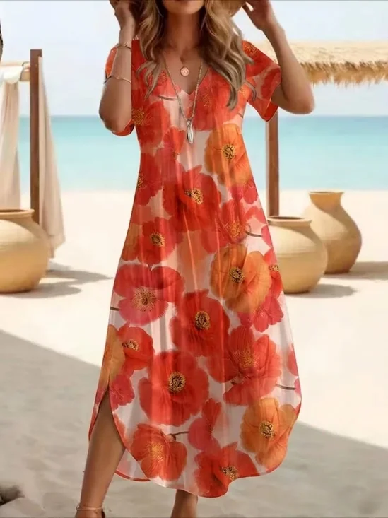 Women's Short Sleeve Summer Orange Red Floral Printing Crew Neck Daily Going Out Casual Maxi H-Line T-Shirt Dress Dress