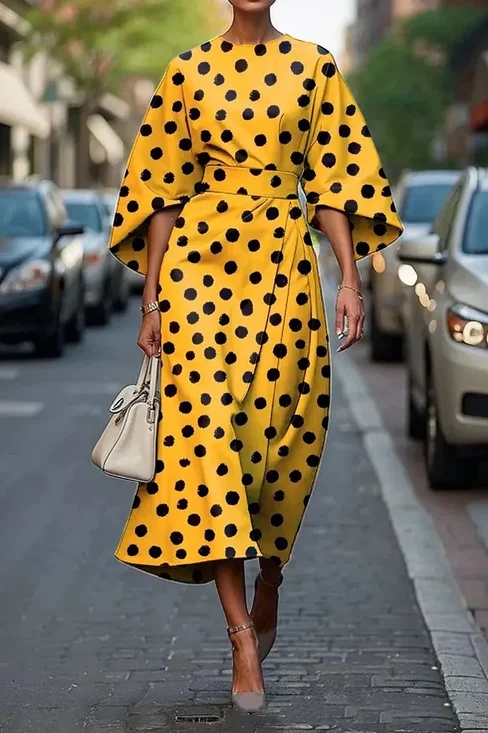 Elegant Crew Neck Polka Dots Dress With No