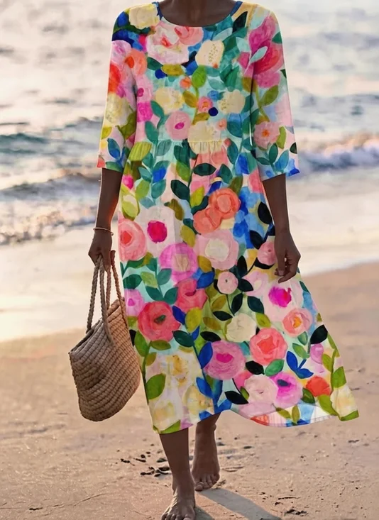 Crew Neck Loose Floral Vacation Dress With No