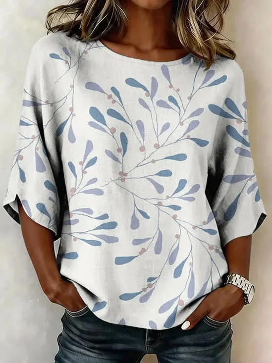 Women's Half Sleeve Blouse Summer White Leaf Printing Crew Neck Daily Going Out Vintage Top