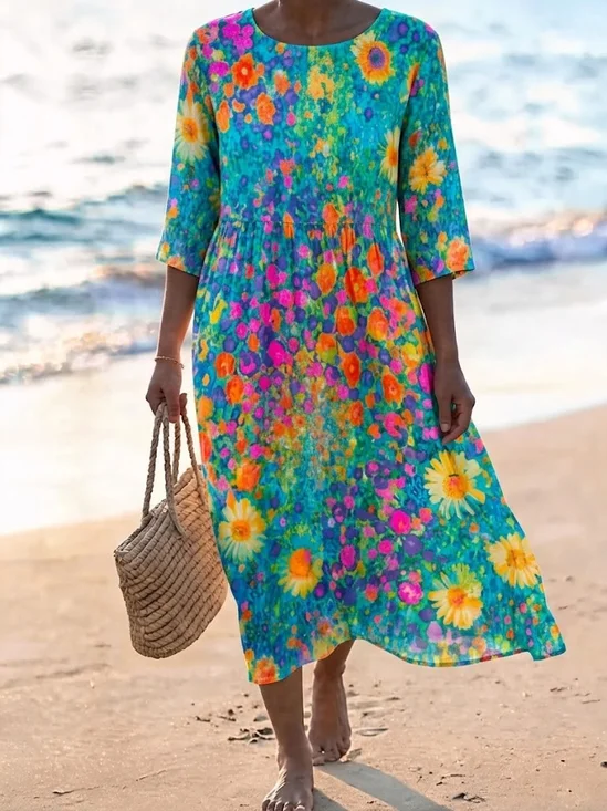 Loose Boho Crew Neck Dress With No