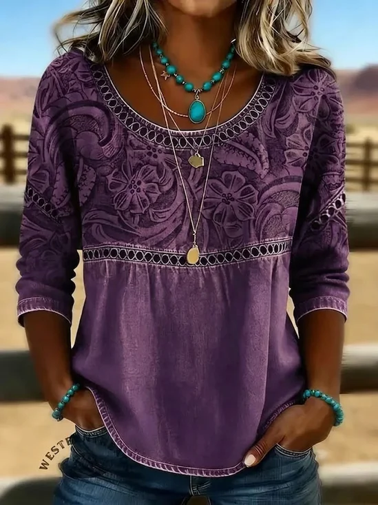 Women's Half Sleeve Blouse Summer Purple Floral Printing Crew Neck Daily Going Out Casual Top