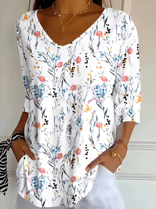 Women's Three Quarter Sleeve T-shirt Spring/Fall White Floral Printing V Neck Daily Going Out Casual Top