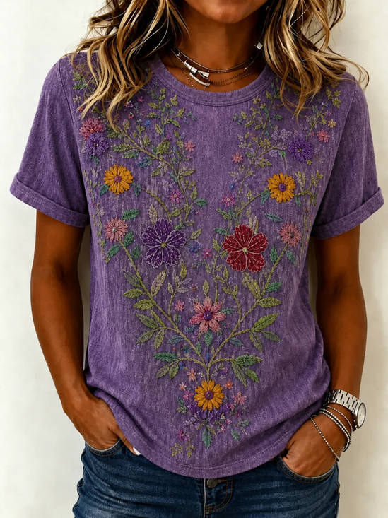 Women's Short Sleeve T-shirt Summer Purple Floral Printing Jersey Crew Neck Daily Going Out Casual Top