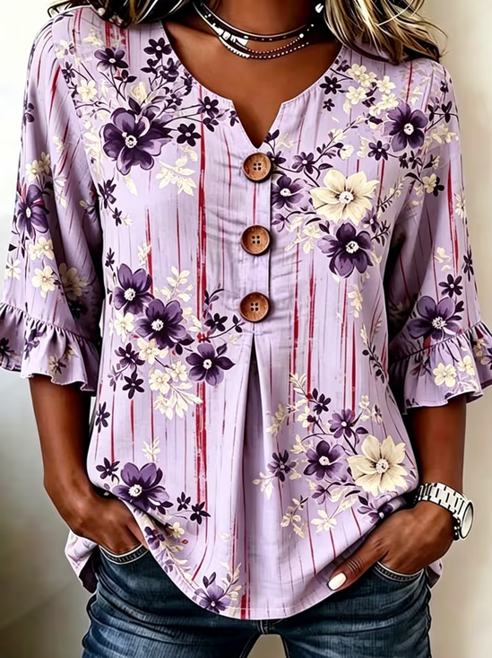 Women's Half Sleeve Blouse Summer Purple Floral Printing V Neck Daily Going Out Vintage Top