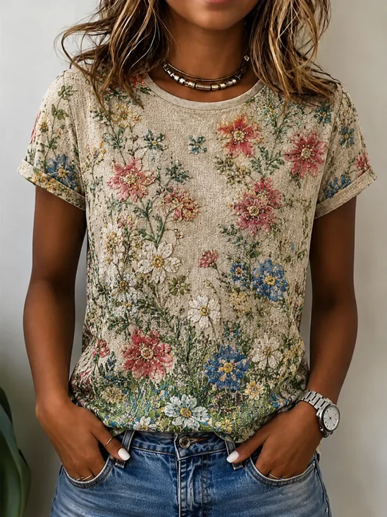 Women's Short Sleeve T-shirt Summer Khaki Floral Printing Jersey Crew Neck Daily Going Out Casual Top