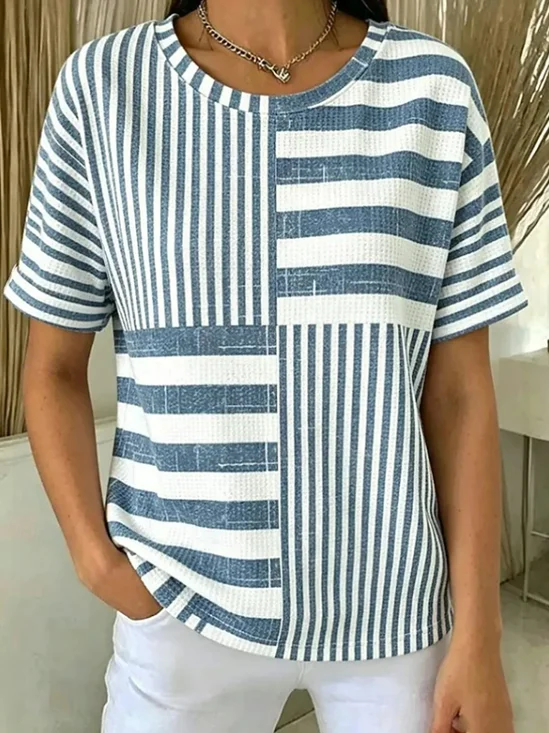 Women's Waffle Weave Short Sleeve T-shirt Summer Blue Striped Printing Crew Neck Daily Going Out Casual Top