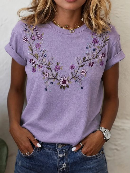 Women's Short Sleeve T-shirt Summer Purple Floral Printing Jersey Crew Neck Daily Going Out Casual Top