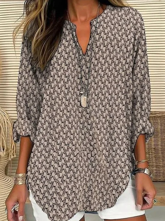 Women's Long Sleeve Blouse Spring/Fall Brown Abstract Printing Cotton-Blend V Neck Daily Going Out Casual Top