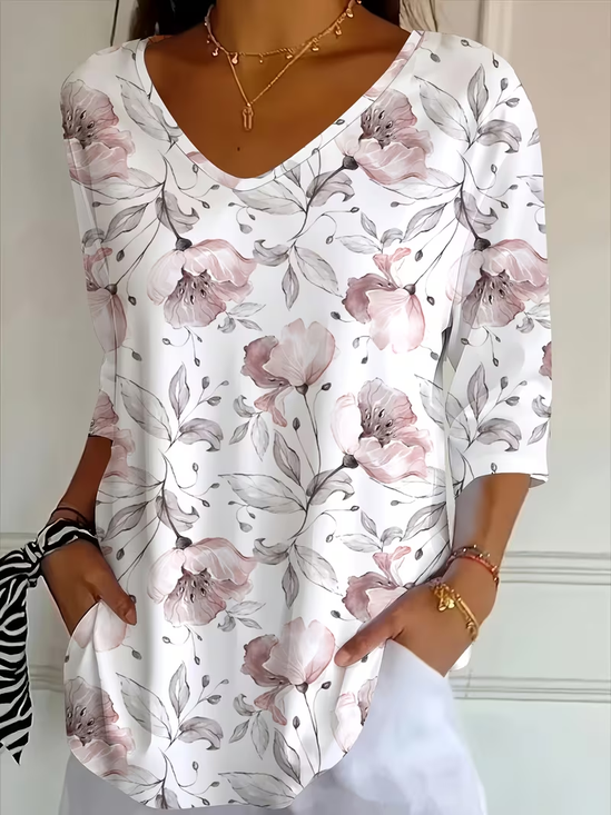 Women's Three Quarter Sleeve T-shirt Spring/Fall White Floral Printing V Neck Daily Going Out Casual Top