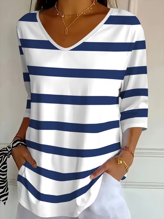 Women's Three Quarter Sleeve T-shirt Spring/Fall Blue-White Striped Printing V Neck Daily Going Out Casual Top